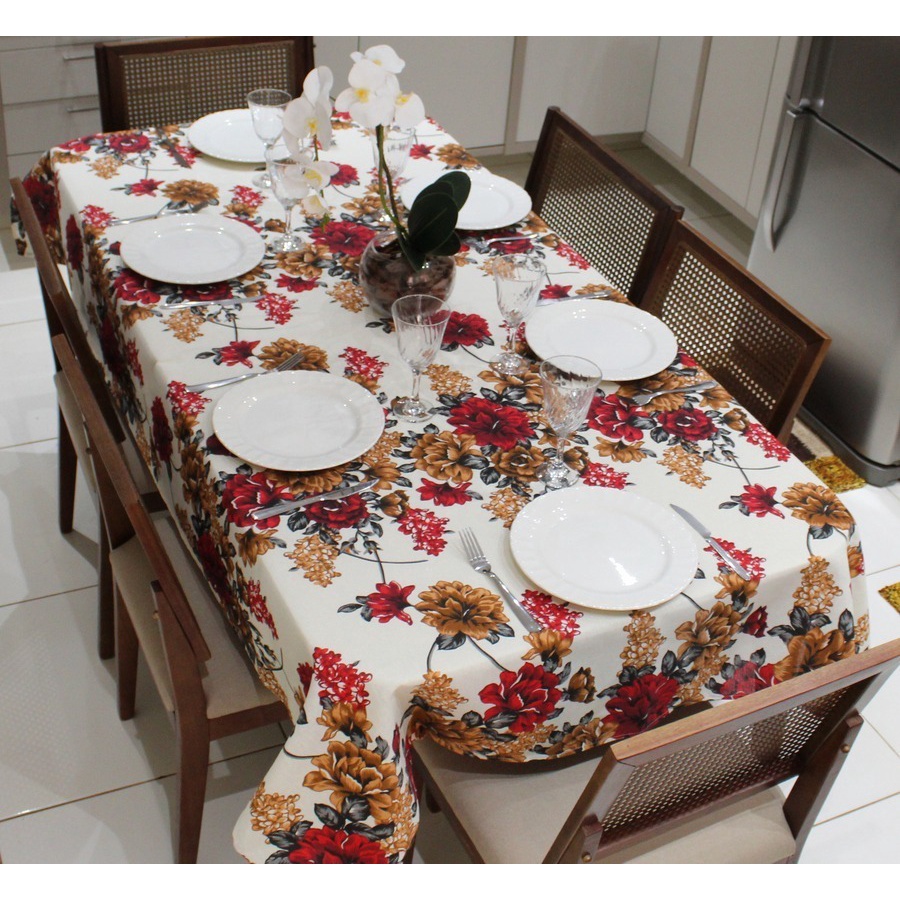 Toalha de Mesa Retangular 6 Lugares Linhão Estampado 2,20m X 1,40m Flores Vermelhas Sala/Jantar