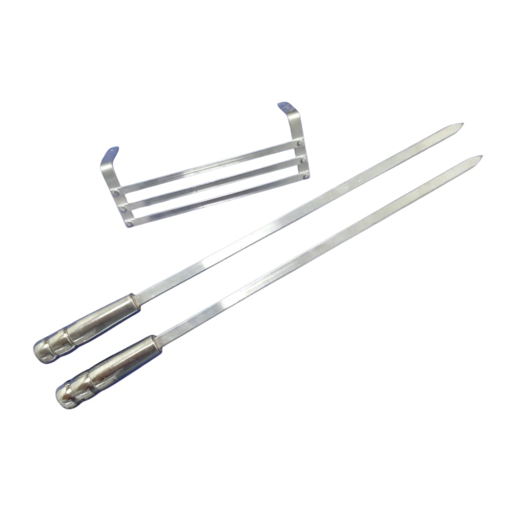 kit 6 espetos de alumínio 70 cm (3 duplo 3 chato) + garfo + suporte de espetos (churrasqueira)
