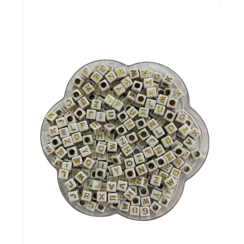 Miçanga Cubo de Letras - Branco c/ Dourado - 6x6