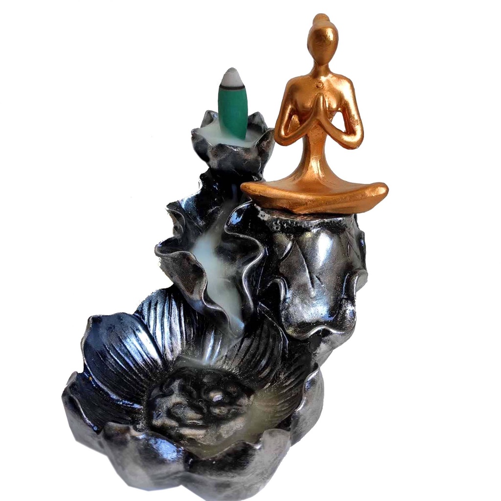 Imagem Incensário Cascata Yoga Flor Gesso Cone BackFlow Refluxo Incenso Invertido Porta Incenso + 3 incensos Cones