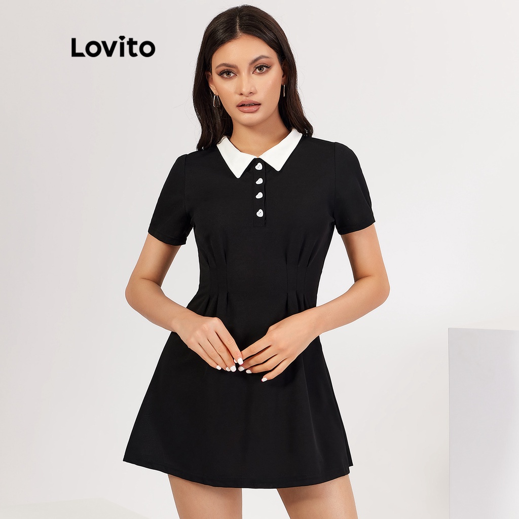 Lovito Vestido Casual Liso de Botão Cor Sólida L18X220(Preto)