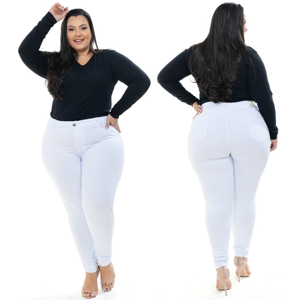 Calca Branca jeans Premium Plus Size Cintura Alta com elastano em Oferta na Shopee
