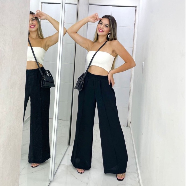 Calça feminina pantalona estica cintura com bolso e forro Tendência Moda Shopee Brasil