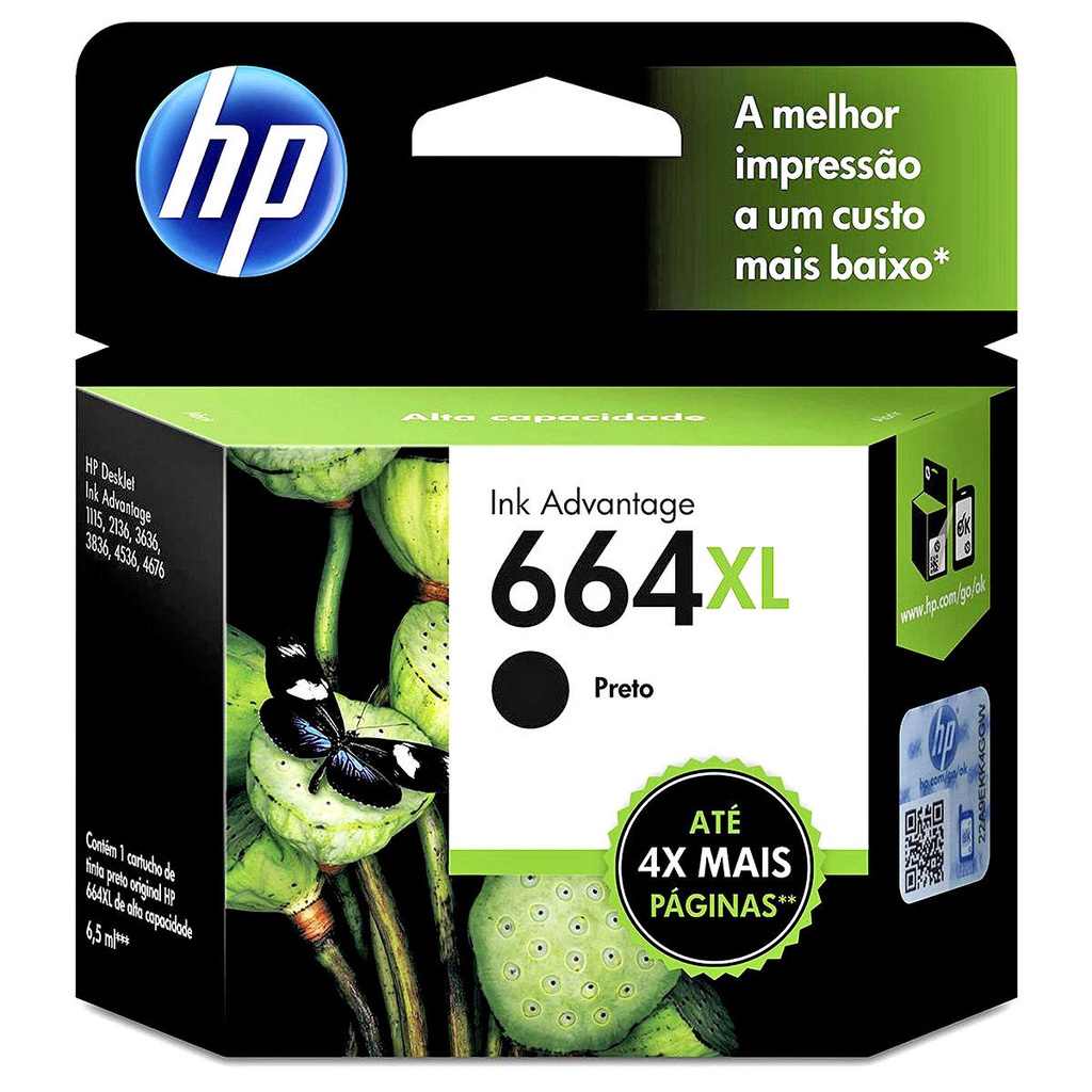 Cartucho de Tinta HP 664XL Preto F6V31AB F6V31A Original 8,5ml