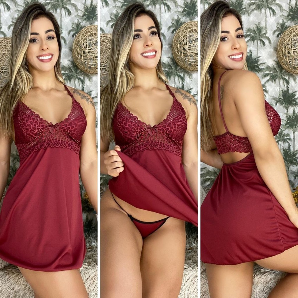 Pijama Feminino Sexy Camisola Com Renda Linha Luxo Acompanha Brinde Calcinha Shopee Brasil 