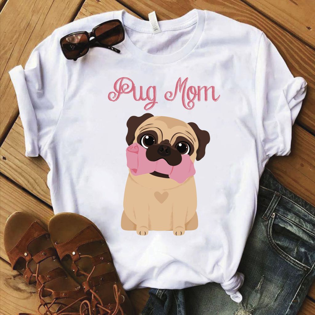 Camiseta blusa feminina estampada personalizada Pug Mom mãe de pet cachorro