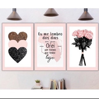Kit 3 Quadros Decorativos Sala, Quarto, Escritório Decoração Flores, eu me lembro oração, coração rosa em Oferta na Shopee
