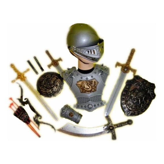 Fantasia Cavaleiro Medieval Pequeno Principe Elmo Capacete Arco Flecha Espada Escudo Armadura Peitoral