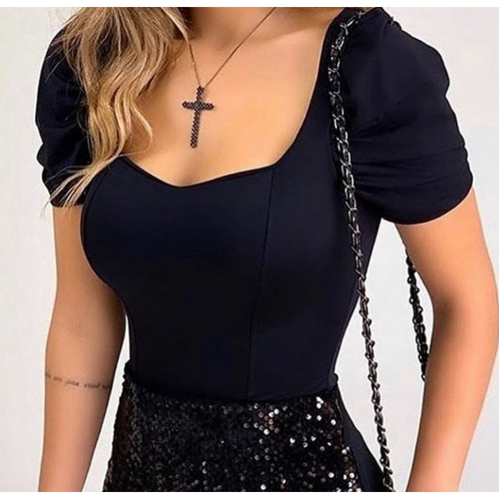 Body feminino com bojo manga princesa tecido com elastano lançamento