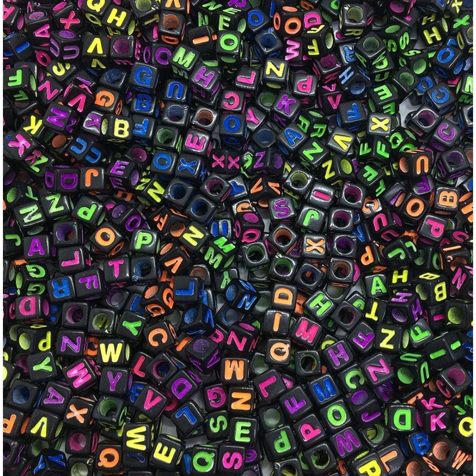 10 Peças de Miçanga Infantil Quadrado Preto Letra N - Z Colorido Neon Alfabeto 6mm em ABS Entremeio Furo Passante