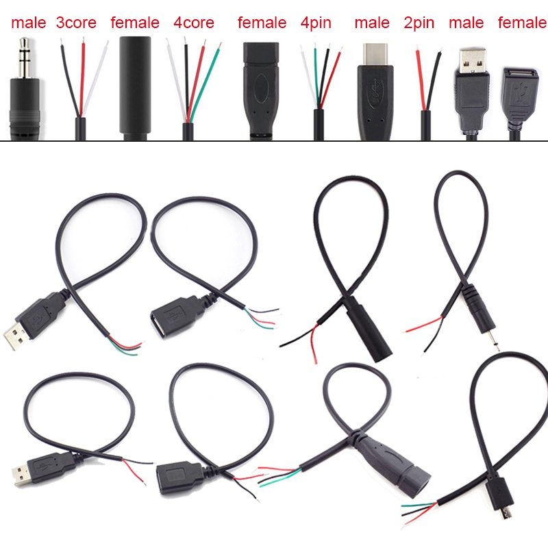 Linha De Dados De 2 Pinos E 4 Micro USB 2.0 Tipo-C AUX Mono Conector Fonte De Alimentação Cabo De Extensão Carregador Ma