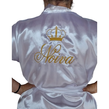 Robe cetim manga curta bordado noiva com coroa