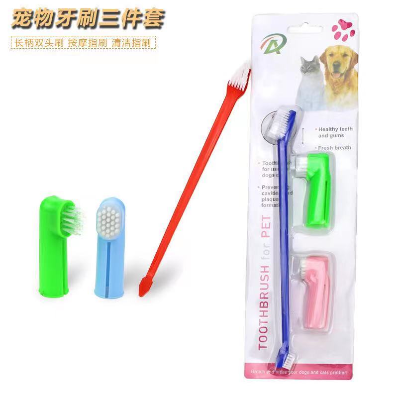 Escova Dupla De Dente Pet + 2 Escova De Dedo Caes E Gatos em Oferta na Shopee
