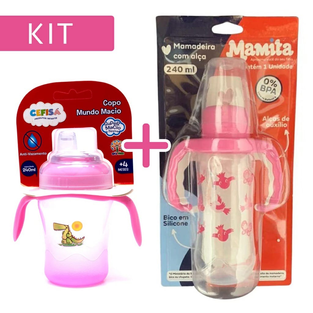 Kit 1 Copo Treinamento Transição de 240ml Com Bico de Silicone + 01 Mamadeira de 240ml com Alça Bico Achatado