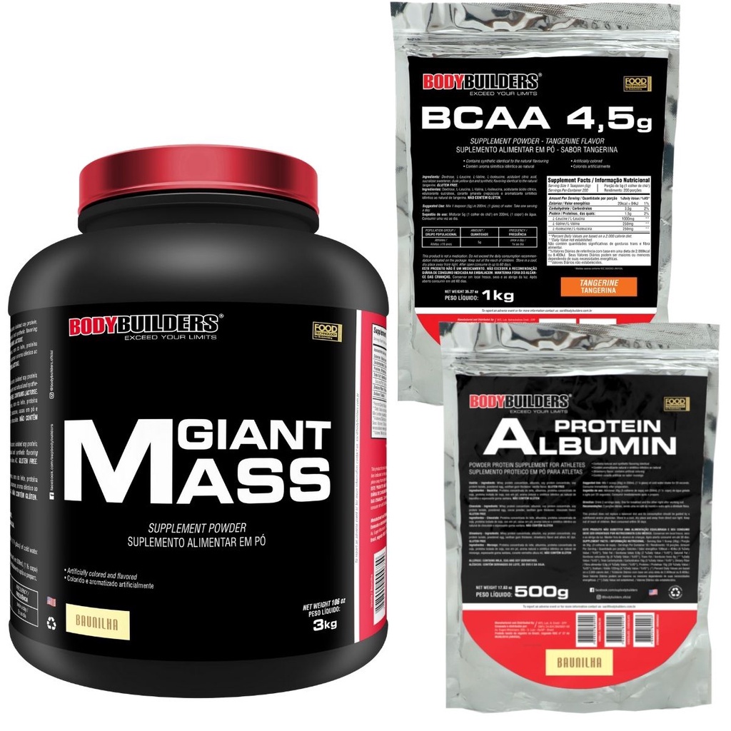 KIT Giant Mass 3 kg, Albumina Protein 500g,BCAA 4.5 1kg Tangerina - Bodybuilders