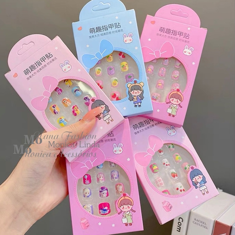 Kit até 180 Unhas Postiça Kids Infantil 5 Caixas/Contém Comprimidos de cola sólida em Oferta na Shopee