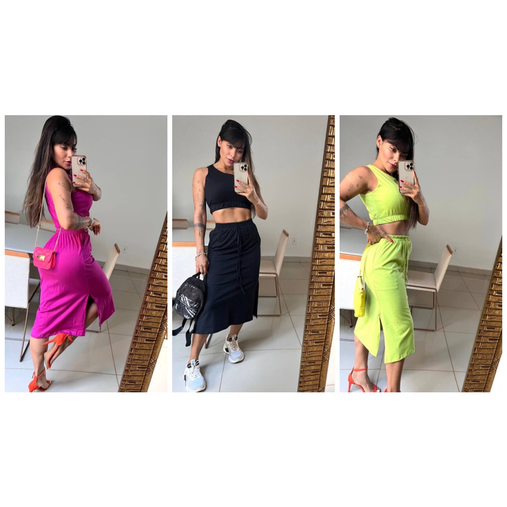 Conjunto feminino 100% algodão conjunto blusa cropped feminino com saia midi com fendas na lateral cores variadas roupas feminina