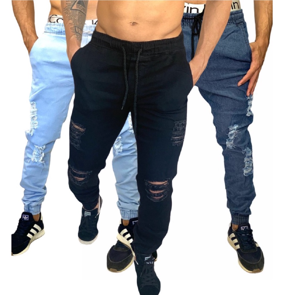 Calças Jogger Kit 3  Sarja e Jeans Masculina preta clara e escuras lisas e rasgadas LYCRA Elástico