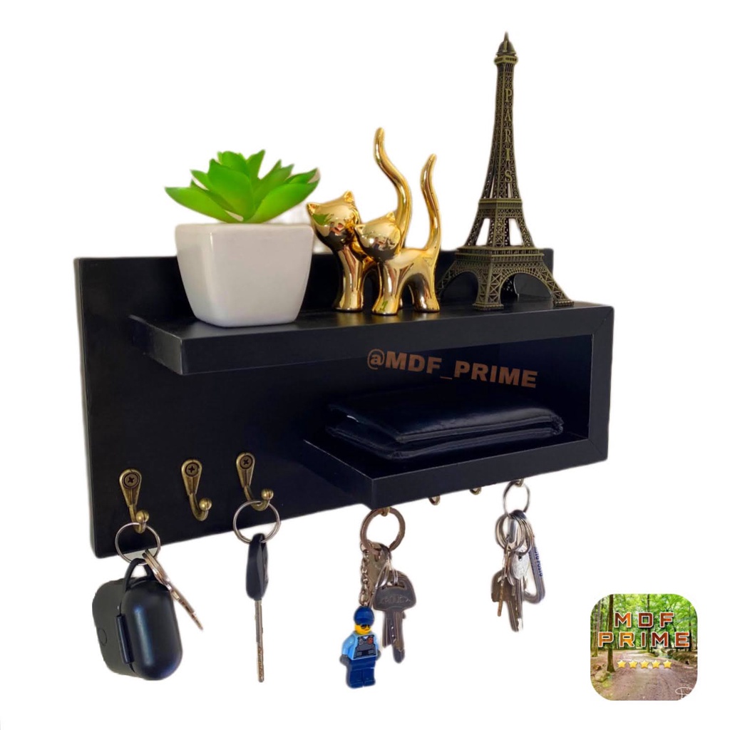 Suporte Porta Chaves Parede Preto Multiuso Organizador Decorativo Mdf Celular Cartas Controles Hall de Entrada