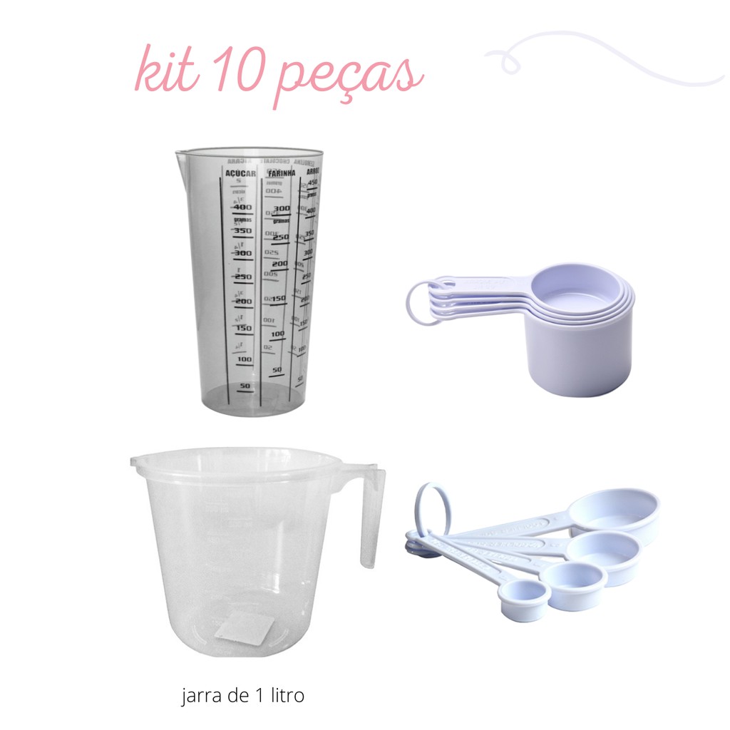 kit 10 peças - xicara, colher, jarra (1 litro), copo (500 ml preto) - suas receitas sempre dando certo