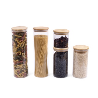 Kit 5 Potes de Vidro Mantimentos 2000/1100/500ML Tampa Bambu - Oikos