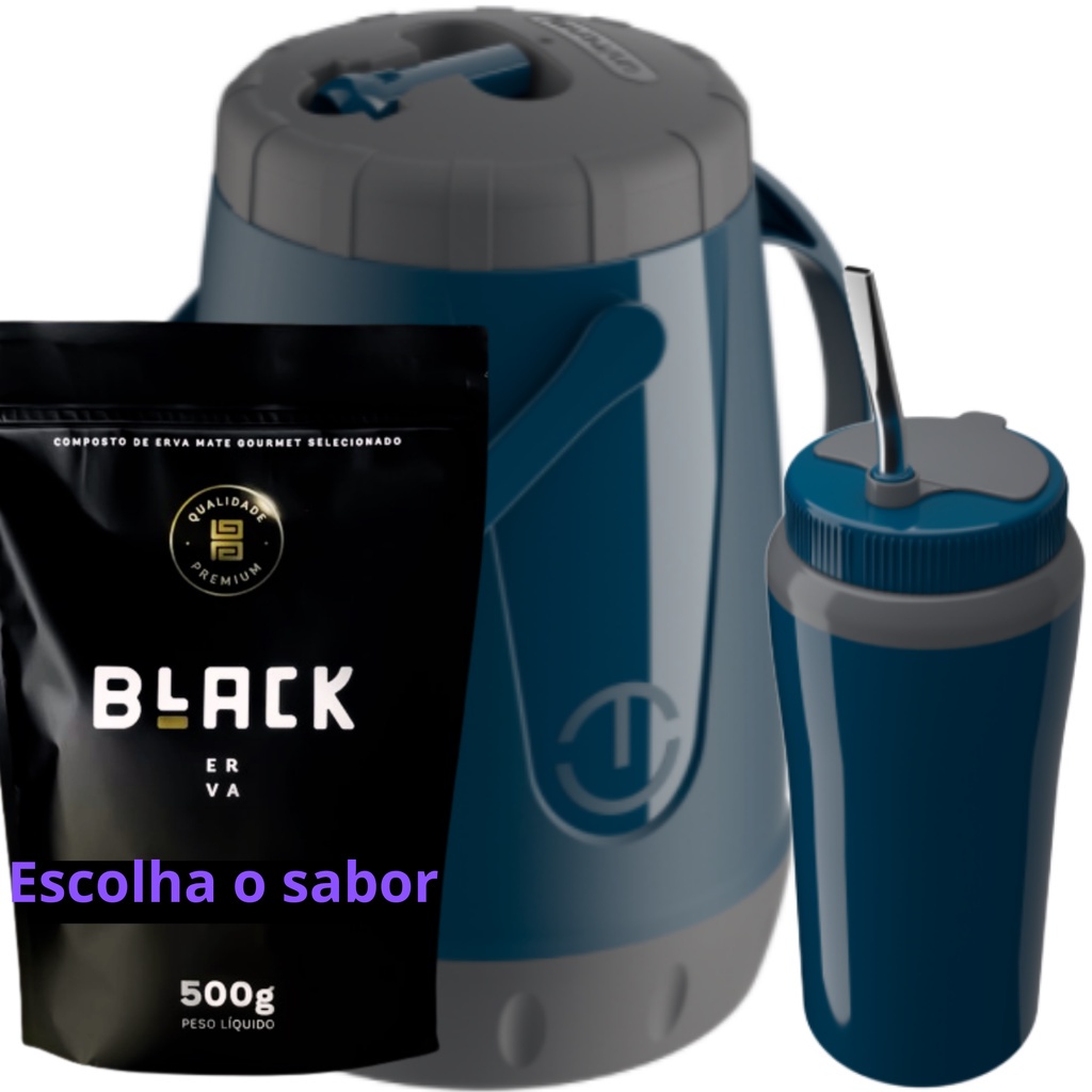 Kit Completo Tereré Garrafa Pávia Unitermi Copo Térmico Azul Com Bomba Inox  Erva Black Erva Mate