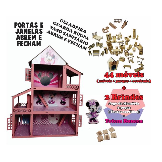 Casa casinha de boneca MDF tema Minnie + 44 mini móveis