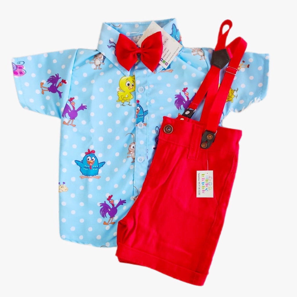 CONJUNTO festa GALINHA PINTADINHA roupa tematica de menino Camisa Gravata Bermuda e Suspensório