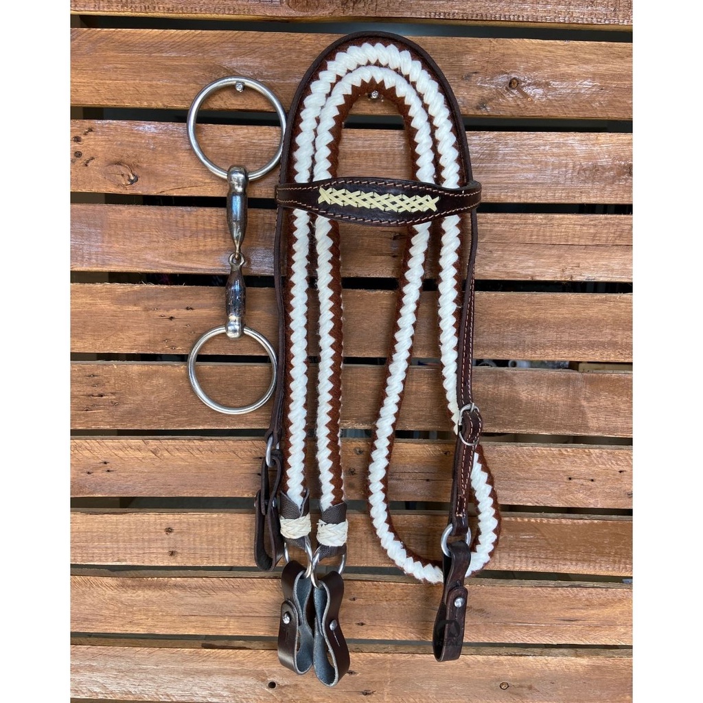 Cabeçada de Couro para Cavalo Rédea Macia E Bridão Argola Inox Bocal Grosso