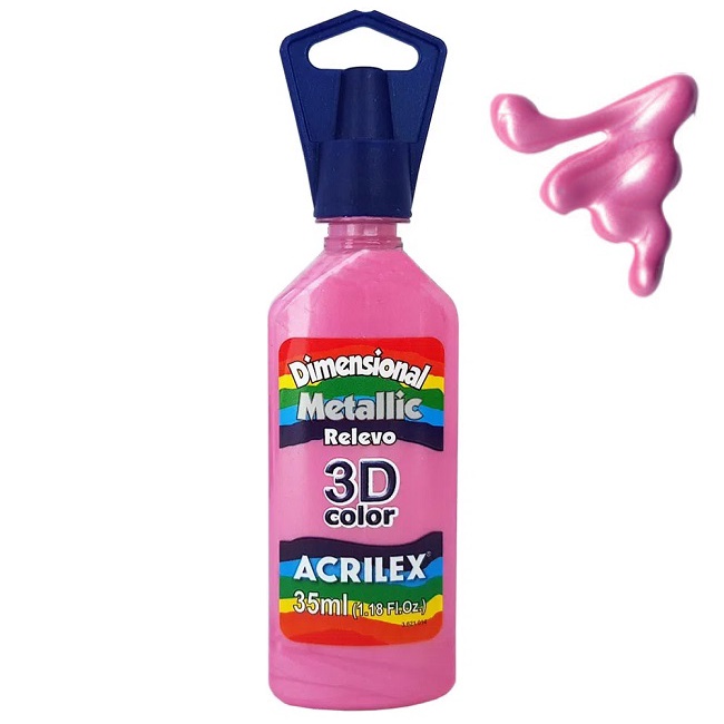 Tinta Dimensional Metallic Relevo 3D Rosa 35ml Acrilex - Tecidos de algodão, madeira, cerâmica, gesso, papel, papelão, i
