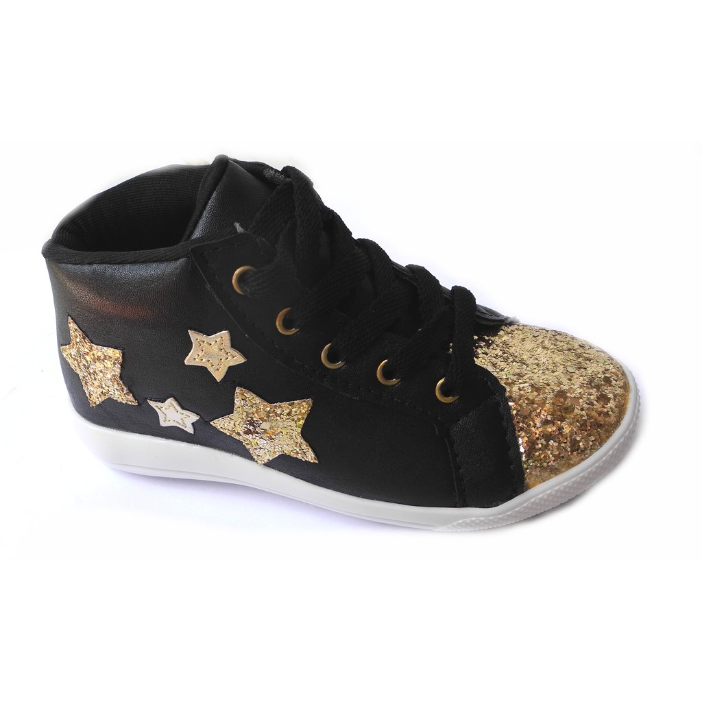 Tênis cano médio Bota Infantil Menina Nilqi Courino Coturno Cadarço Preto Dourado