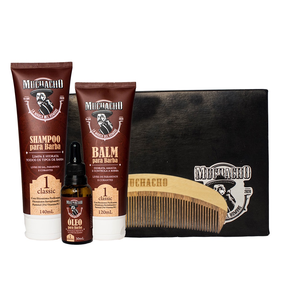 Kit Shampoo para Barba + Balm para Barba + Oleo para Barba - Muchacho Classic + Pente de Madeira Muchacho Curvo