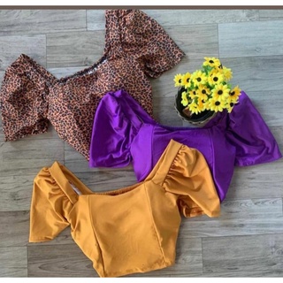 Blusa cropped feminino manga princesa bufante com bojo manga curta tecido poliéster lançamento