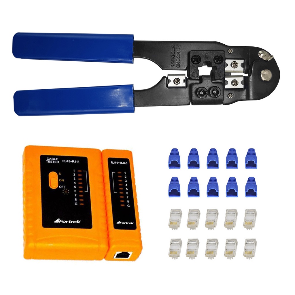 Kit 29 A - Alicate Crimpar RJ45 + Testador De Cabos + 10 conectores RJ45 c/ protetor - KIT0029A