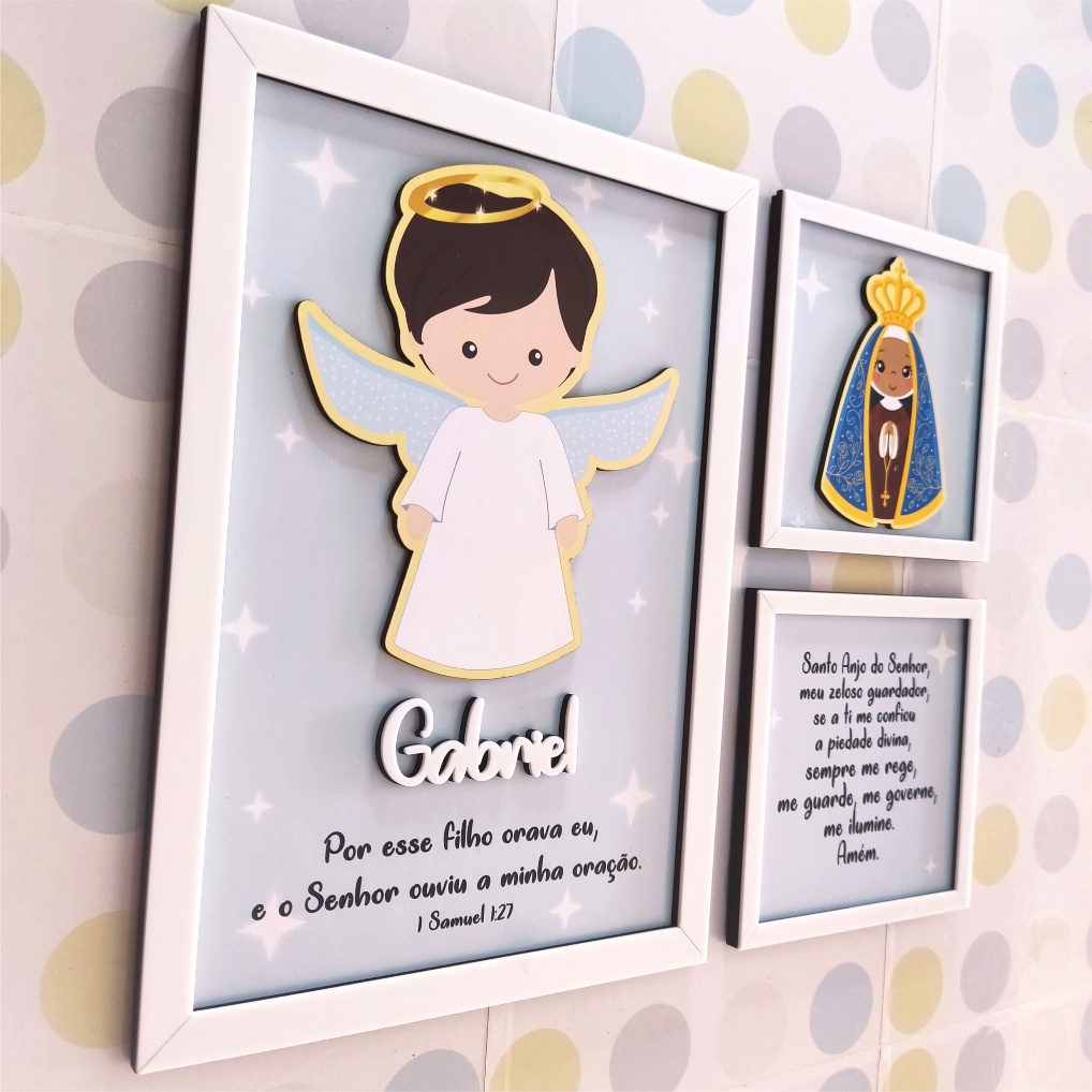 Kit 3 Placas Quadros Decorativos Anjo da Guarda Nossa Senhora Aparecida Menino Bebê Infantil