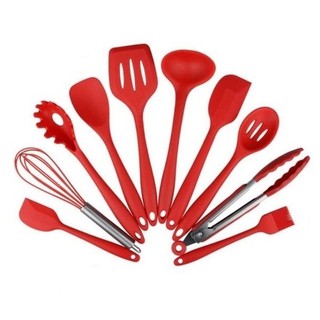 Kit Colheres Silicone vermelho Cabo Inox 10 Peças Utensílios