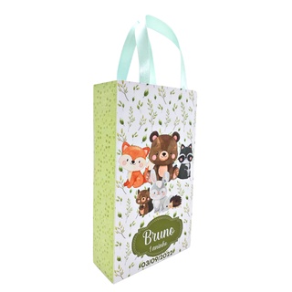 15 sacolinhas surpresa personalizadas no tema bosque encantado tamanho 16 cm x 4 cm x 10cm