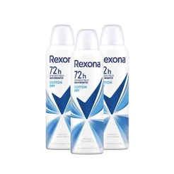 Kit com 3 Desodorantes Antitranspirantes Aerosol Feminino Rexona Cotton Dry 72 horas 150ml