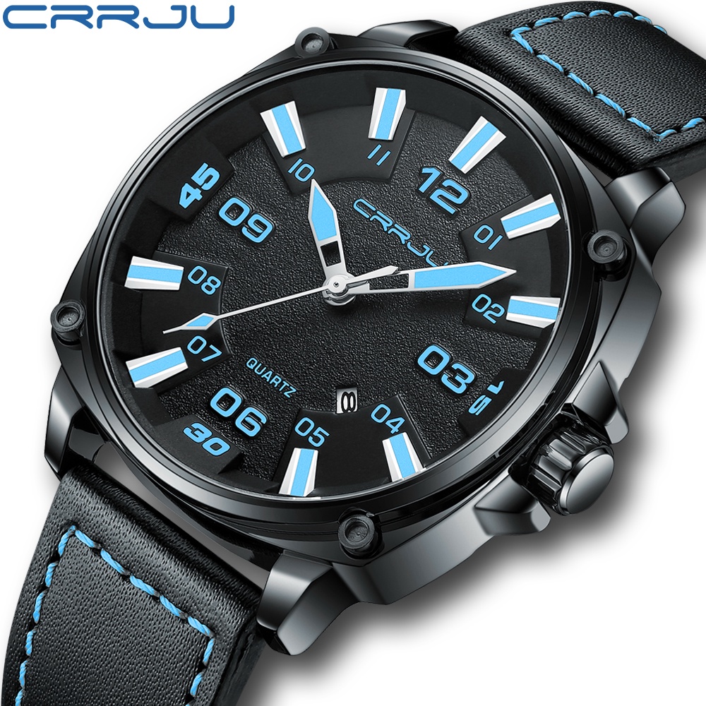 CRRJU Relógios Masculinos Marca Original Couro Casual Negócios Esportes Quartzo Impermeável 5002 X