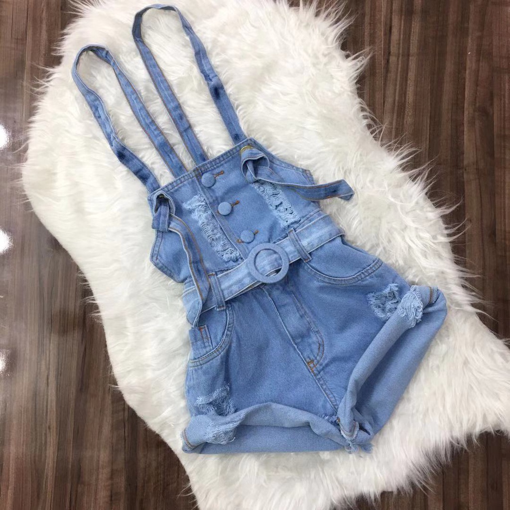 Macaquinho Jeans Jardineira Curto Com Cinto Feminino Jardineira Botões Moda