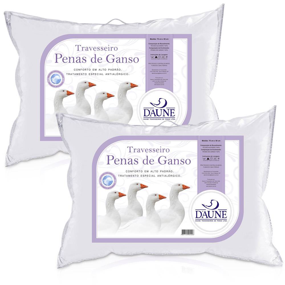 Kit 2 Travesseiros 100% Penas de Ganso 50x70cm - Daune