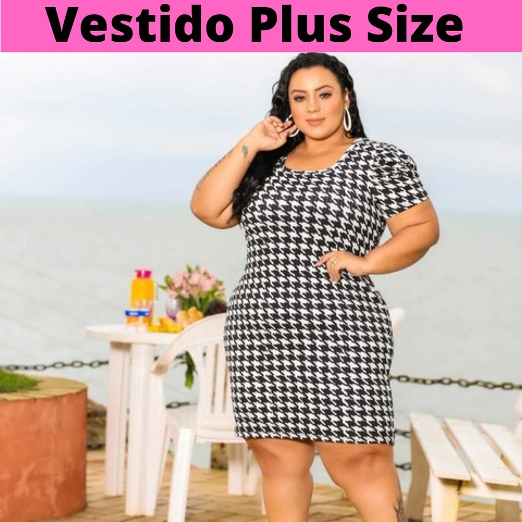 Vestido Feminino Plus Size Preto e branco Midi Manga Bufante Princesa Plus Size 48 ao 52 Tecido Suplex Canelado Moda Blogueiras 2022