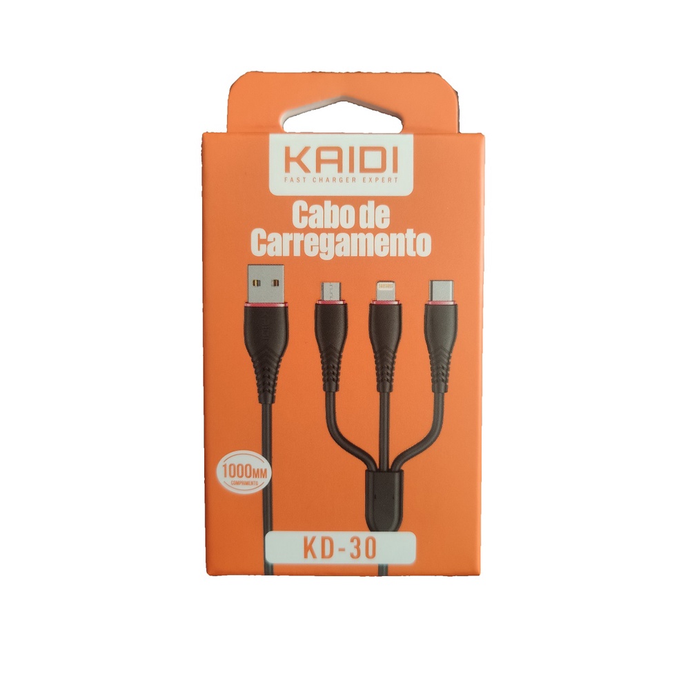 Cabo de Carregamento 3 em 1 Lightning/V8/Tipo-C 1 metro KAIDI KD-30