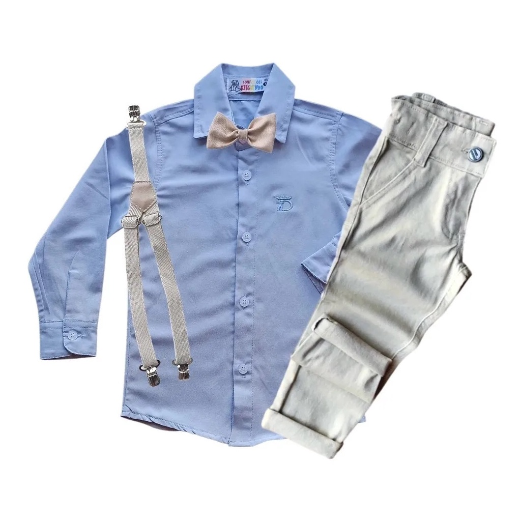 Conjunto Roupa Social Infantil Camisa Azul + Calça gravata suspensório Bege