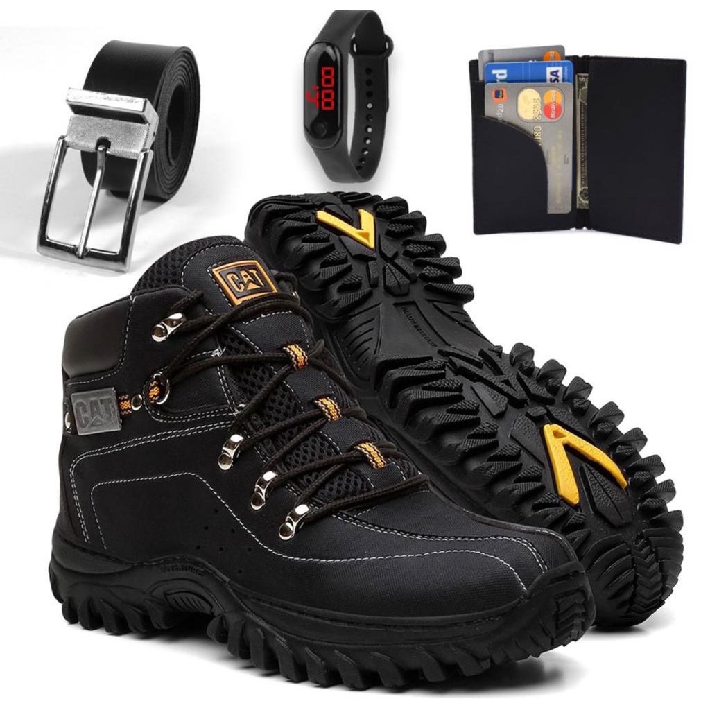 Combo Bota Masculina Caterpillar Adventure de Couro Impermeavel Macio + Carteira Relogio e Cinto