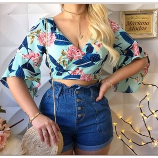 Cropped Manga Flare três quarto florido 0213