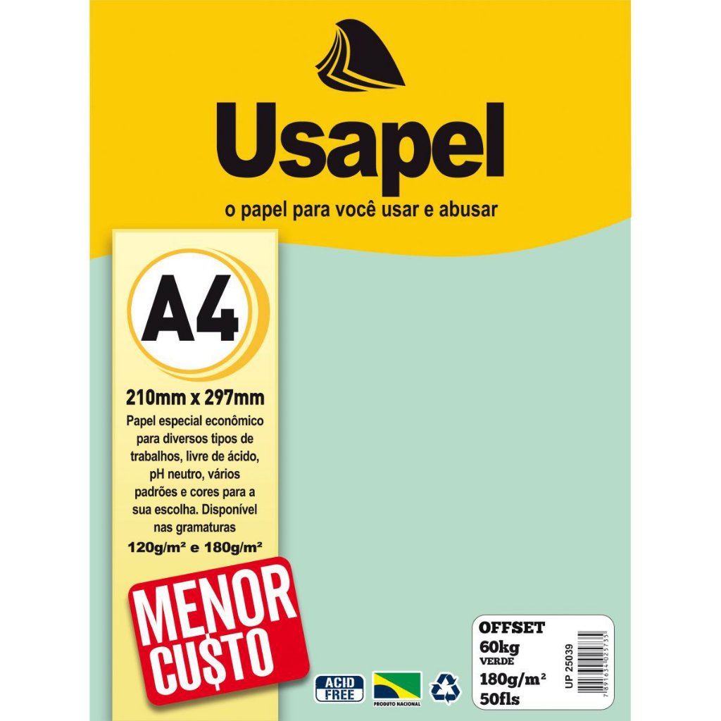 Papel Sulfite A4 Colorido Offset 180G 60K Verde 50Fls Filiperson ...