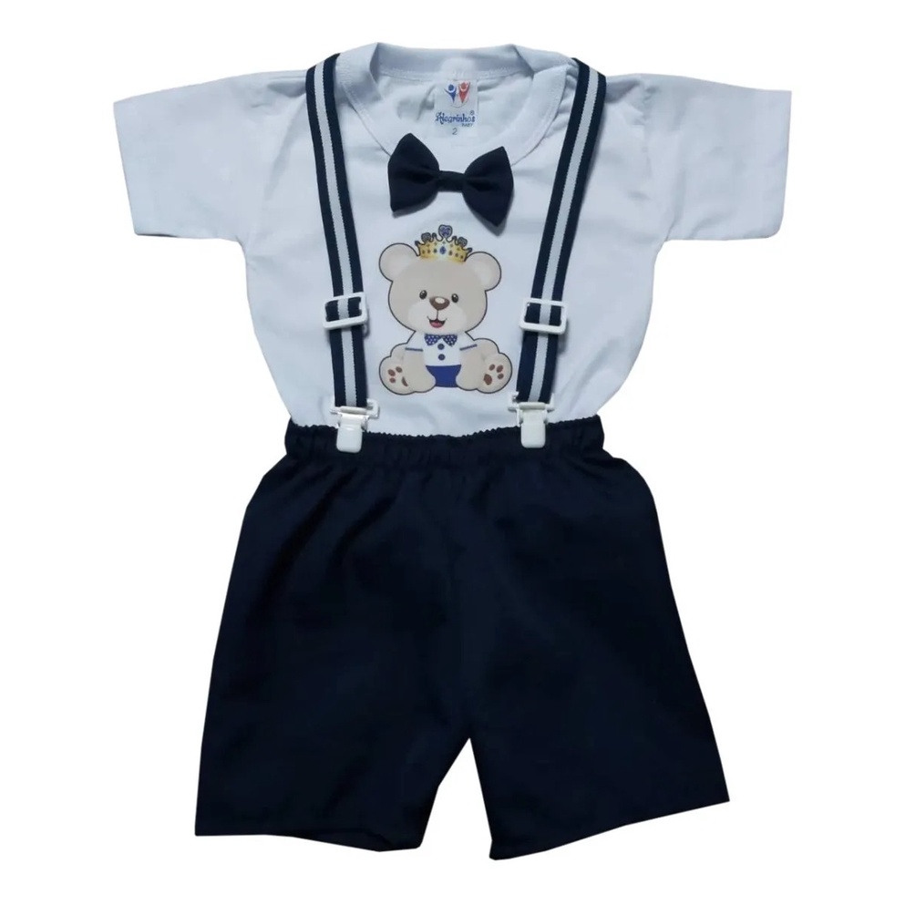 Kit Roupa De Bebê Menino Conjunto Masculino Infantil Ursinho Príncipe Azul C/ Body Shorts Suspensório Festa Mesversário