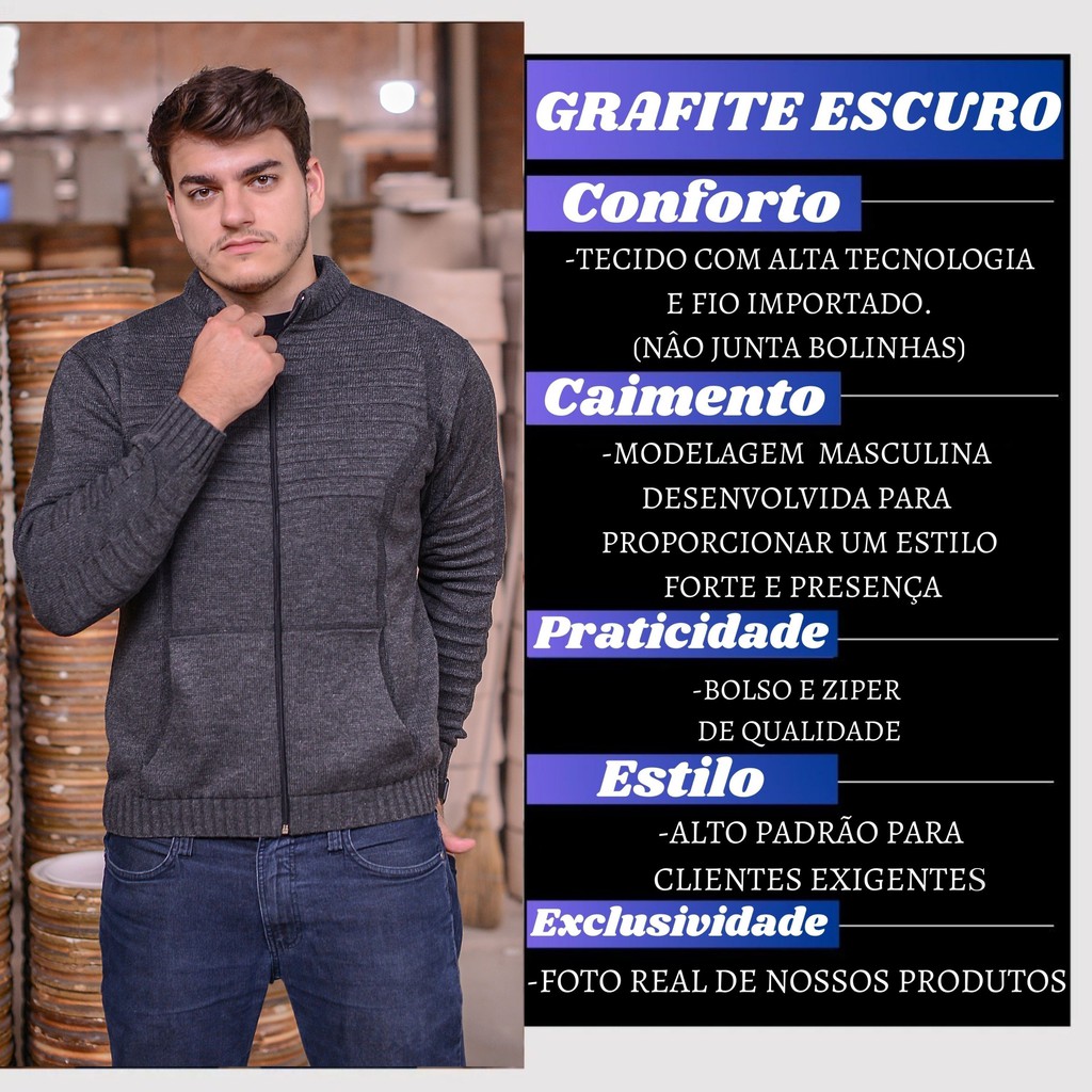 Blusao Masculino Lã Trico Ziper Bolso Canguru Malha Grossa Inverno — imagem 2 de 2