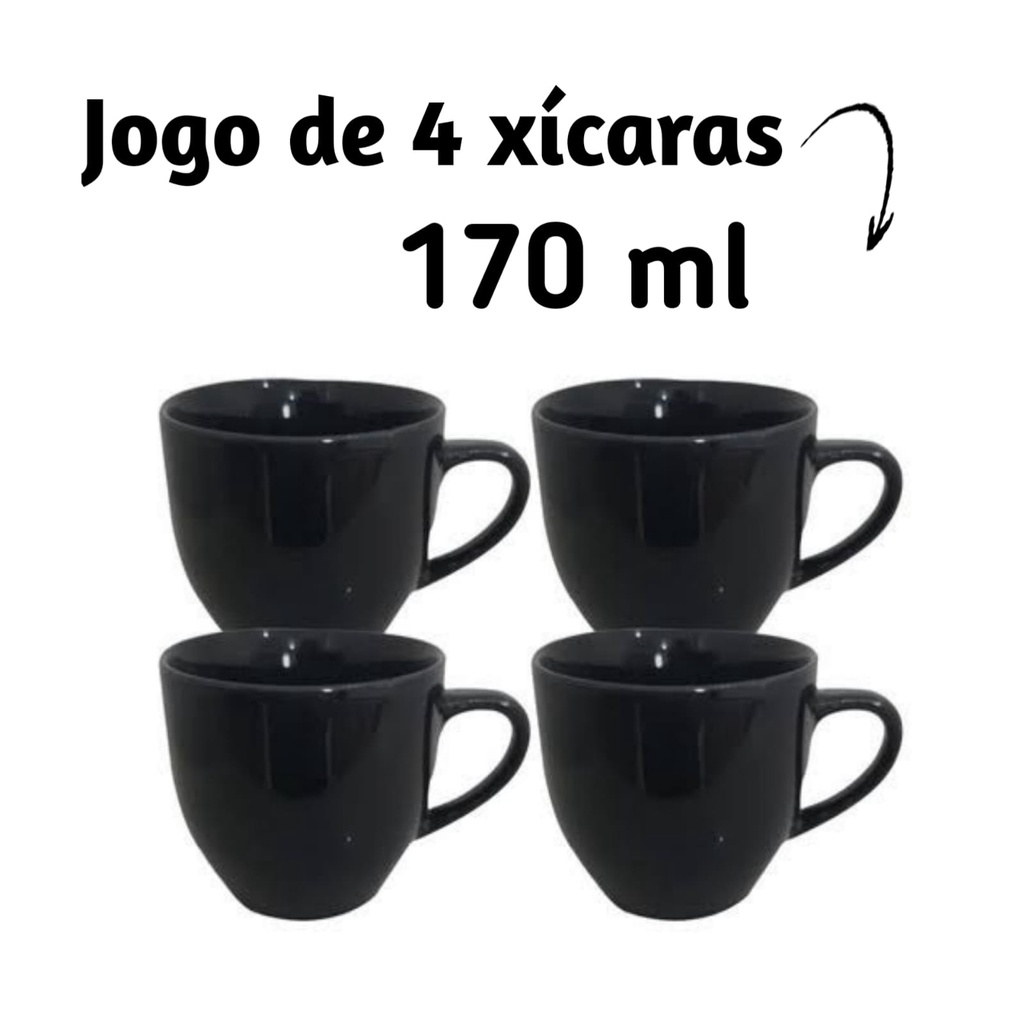 Jogo de 4 Xícaras de Café Chá Porcelana 170ml Preto Preta - Cantinho do Café em Oferta na Shopee
